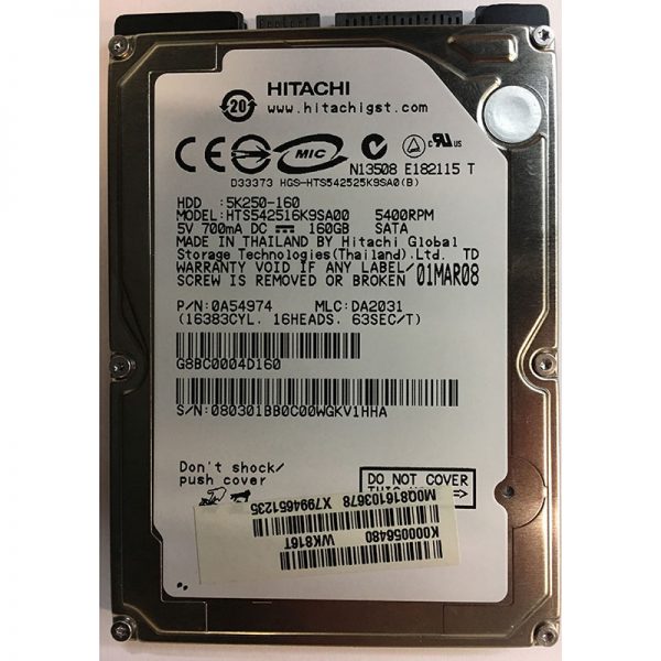 HTS542516K9SA00 - Hitachi 160GB 5400 RPM SATA 2.5" HDD