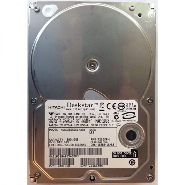 HDS725050KLA360 - Hitachi 500GB 7200 RPM SATA 3.5" HDD