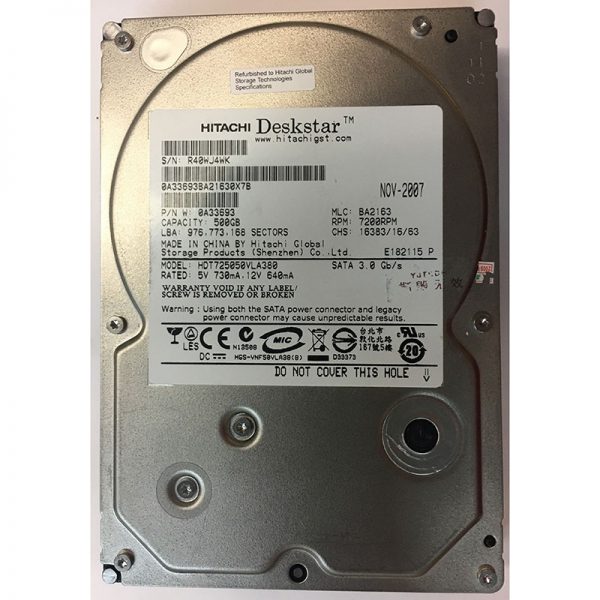 HDT725050VLA380 - Hitachi 500GB 7200 RPM SATA 3.5" HDD