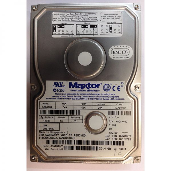 52049U4 - Maxtor 20GB 7200 RPM IDE 3.5" HDD