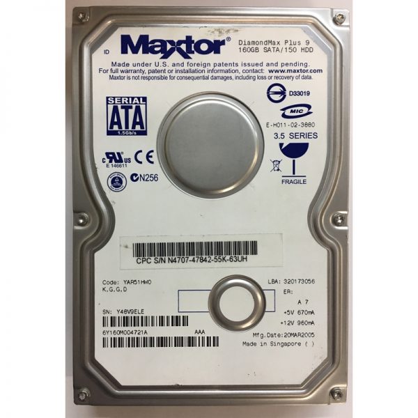 6Y160M004721A - Maxtor 160GB 7200 RPM SATA 3.5" HDD