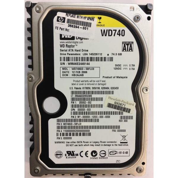 356294-001 - HP 74GB 10K RPM SATA 3.5" HDD Western Digital WD740GD version