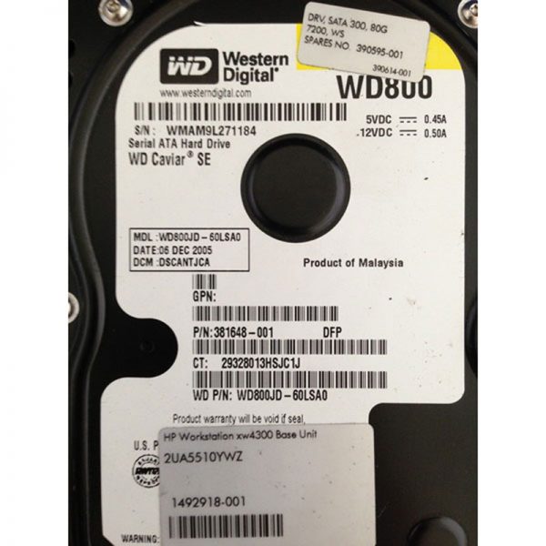 381648-001 - HP 80GB 7200 RPM SATA 3.5" HDD Western Digital WD800JD version