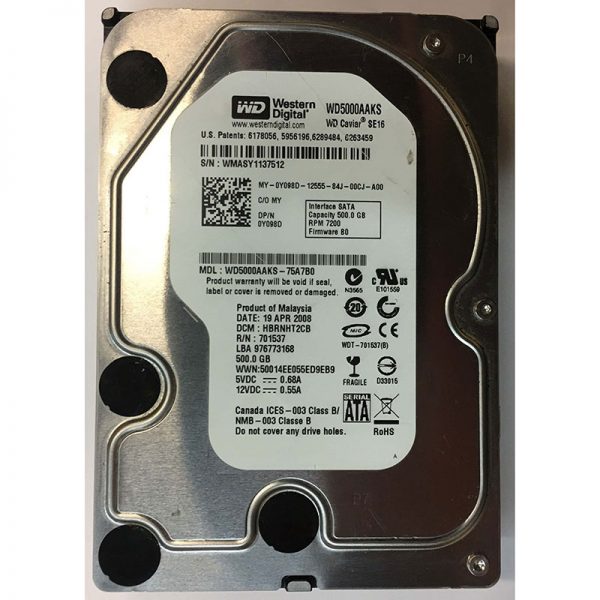 Y098D - Dell 500GB 7200 RPM SATA 3.5" HDD Western Digital WD5000AAKS version