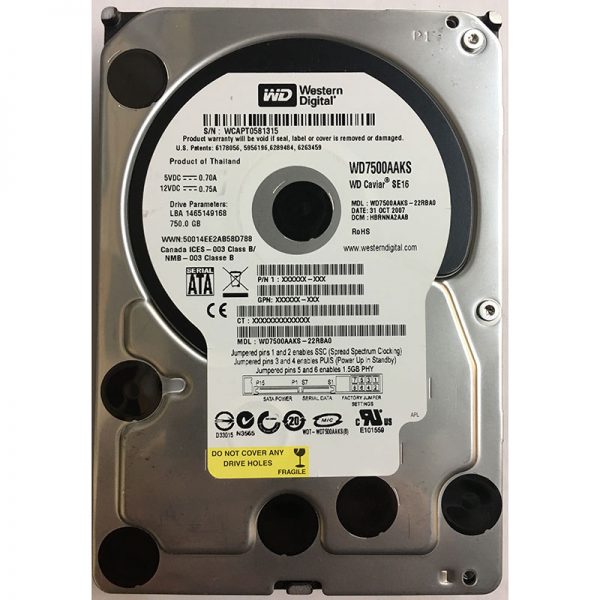 WD7500AAKS - Western Digital 750GB 7200 RPM SATA 3.5" HDD