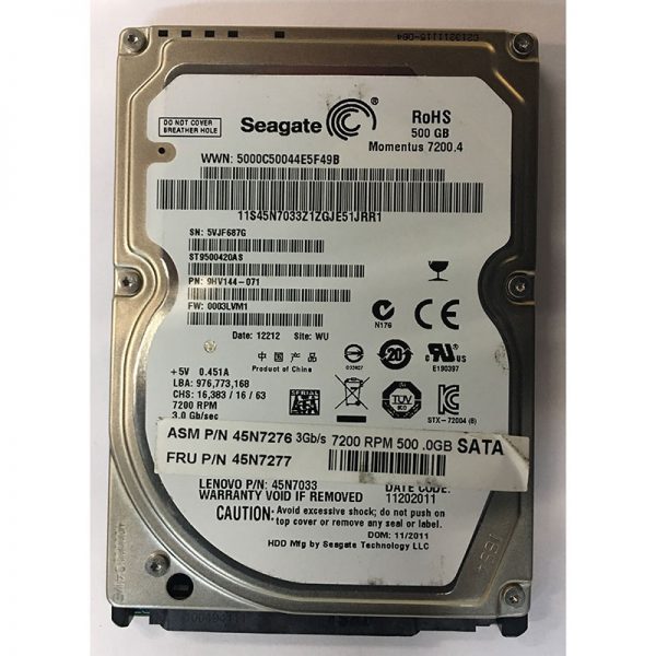 9HV144-071 - Seagate 500GB 7200 RPM SATA 2.5" HDD