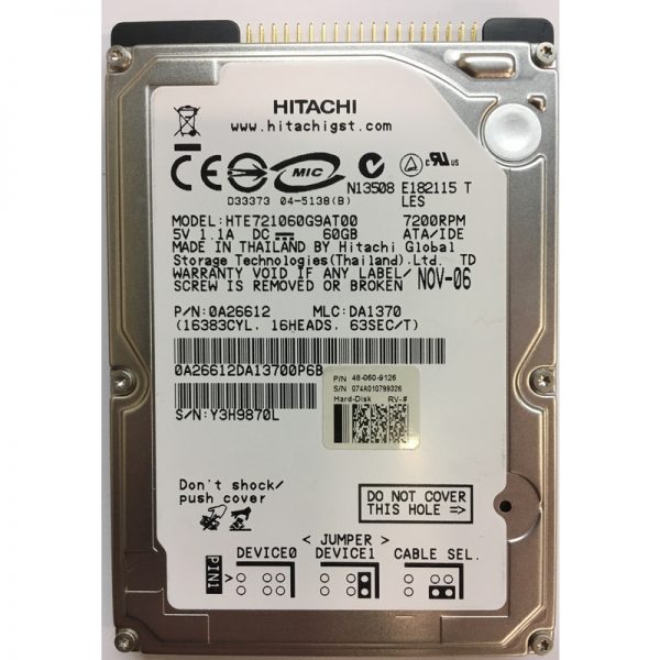 HTE721060G9AT00 - Hitachi 60GB 7200 RPM IDE 2.5" HDD