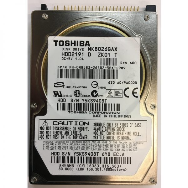 HDD2191 - Toshiba 80GB 5400 RPM IDE 2.5" HDD