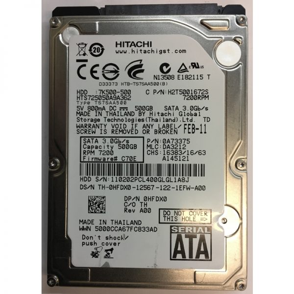 HTS725050A9A362 - Hitachi 500GB 7200 RPM SATA 2.5" HDD