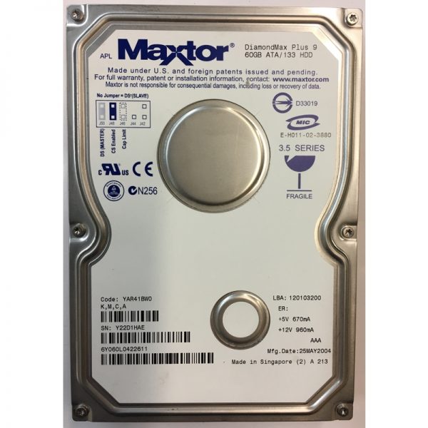 6Y060L0422611 - Maxtor 60GB 7200 RPM IDE 3.5" HDD