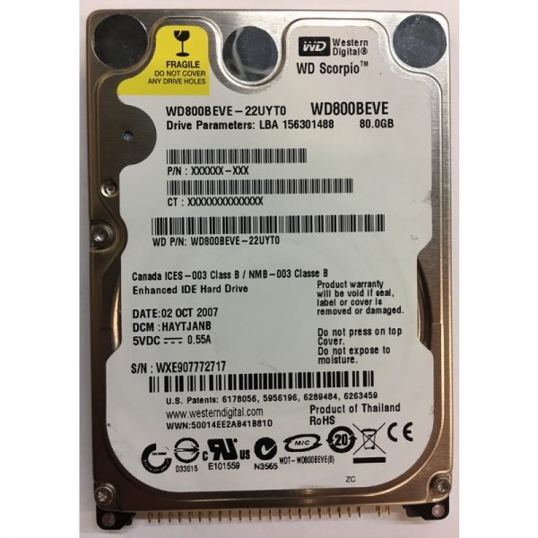 WD800BEVE-22UYT0 - Western Digital 80GB 5400 RPM IDE 2.5" HDD