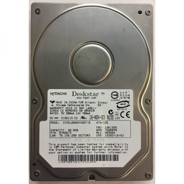 07N9673 - Hitachi 40GB 7200 RPM IDE 3.5" HDD