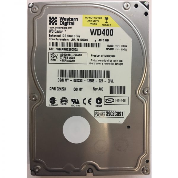 2K223 - Western Digital 40GB 7200 RPM IDE 3.5" HDD