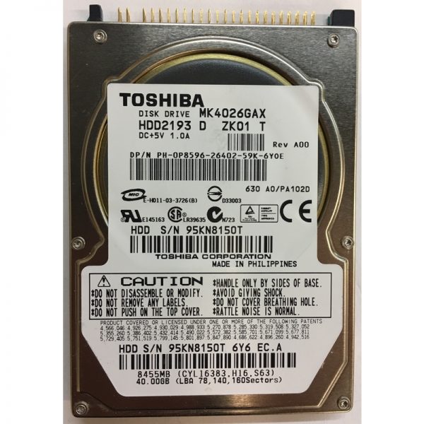 HDD2193D - Toshiba 40GB 5400 RPM IDE 2.5" HDD