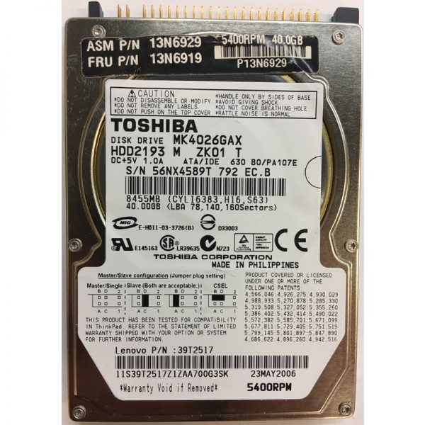 13N6919 - Lenovo 40GB 5400 RPM IDE 2.5" HDD