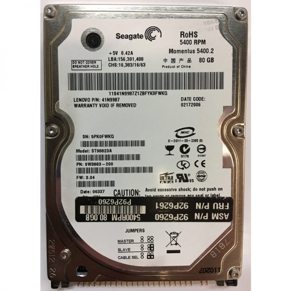 ST98823A - Seagate 80GB 5400 RPM IDE 2.5" HDD