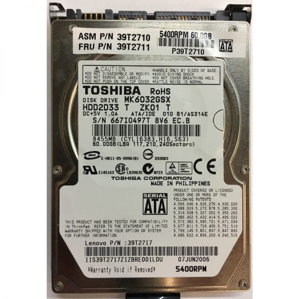 HDD2033T - Toshiba 60GB 5400 RPM SATA 2.5" HDD