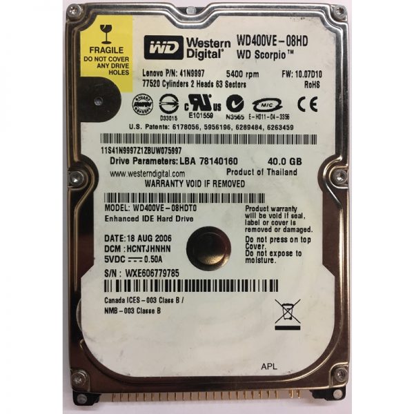 WD400VE-08HDT0 - Western Digital 40GB 5400 RPM IDE 2.5" HDD