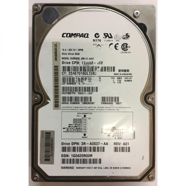 175552-002 - Compaq 18GB 7200 RPM SCSI 3.5" HDD 80 pin