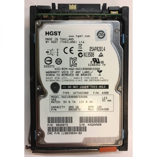 118033034-02 - EMC 900GB 10K RPM SAS 2.5" HDD  for VNX5100, 5200, 5300, 5400, 5500, 5600, 5700, 5800, 7500, 7600, 8000 25 disk enclosures, VNX5400, 5600, 5800, 7600, 8000 120 disk enclosures, VNXe1600, 3100, 3150, 3300 series