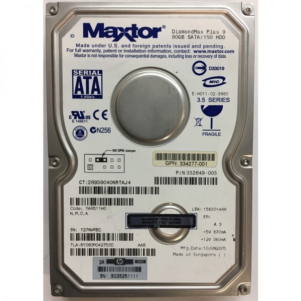 6Y080M042753D - Maxtor 80GB 7200 RPM SATA 3.5" HDD