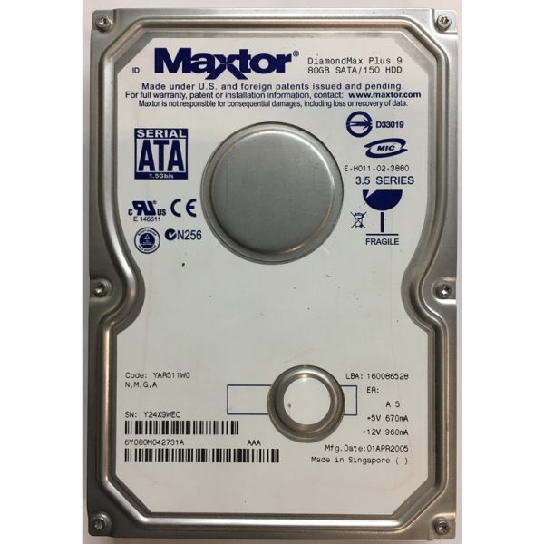 6Y080M042731A - Maxtor 80GB 7200 RPM SATA 3.5" HDD