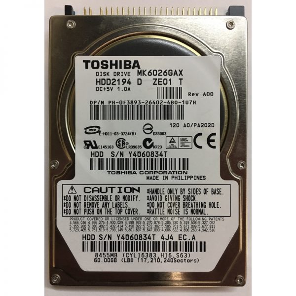 0F3893 - Dell 60GB 5400 RPM IDE 2.5" HDD