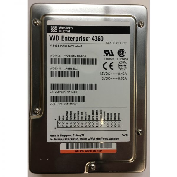 295155-001 - Western Digital 4.3GB 7200 RPM SCSI 3.5" HDD 80 pin