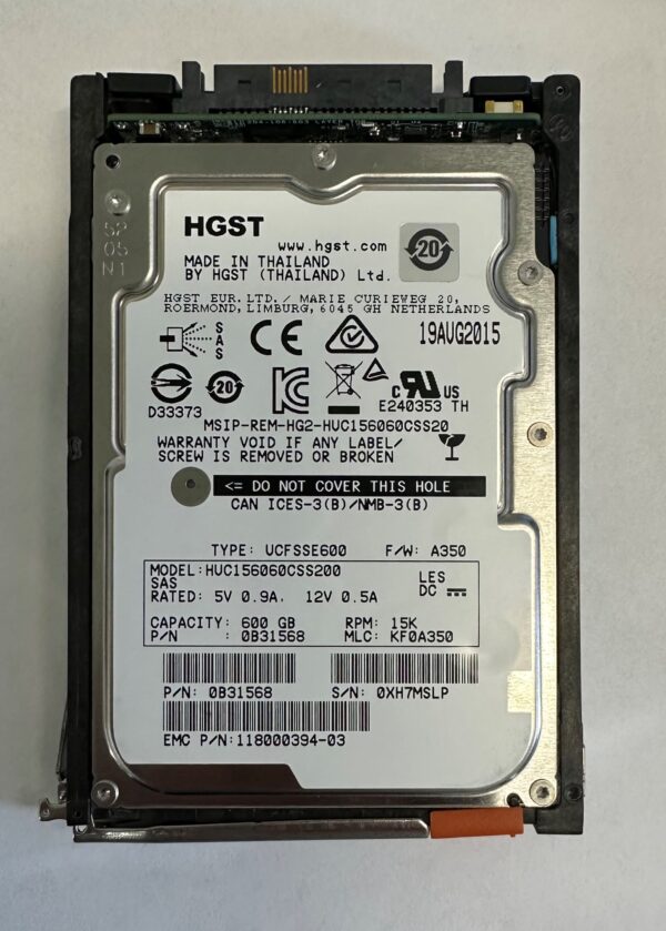 118000395-03 - EMC 600GB 15K RPM SAS 2.5" HDD for VNX5200, 5400, 5600, 5800,7600, 8000 series 25 disk and 120 disk enclosures, VNXe1600,  VNXe3200