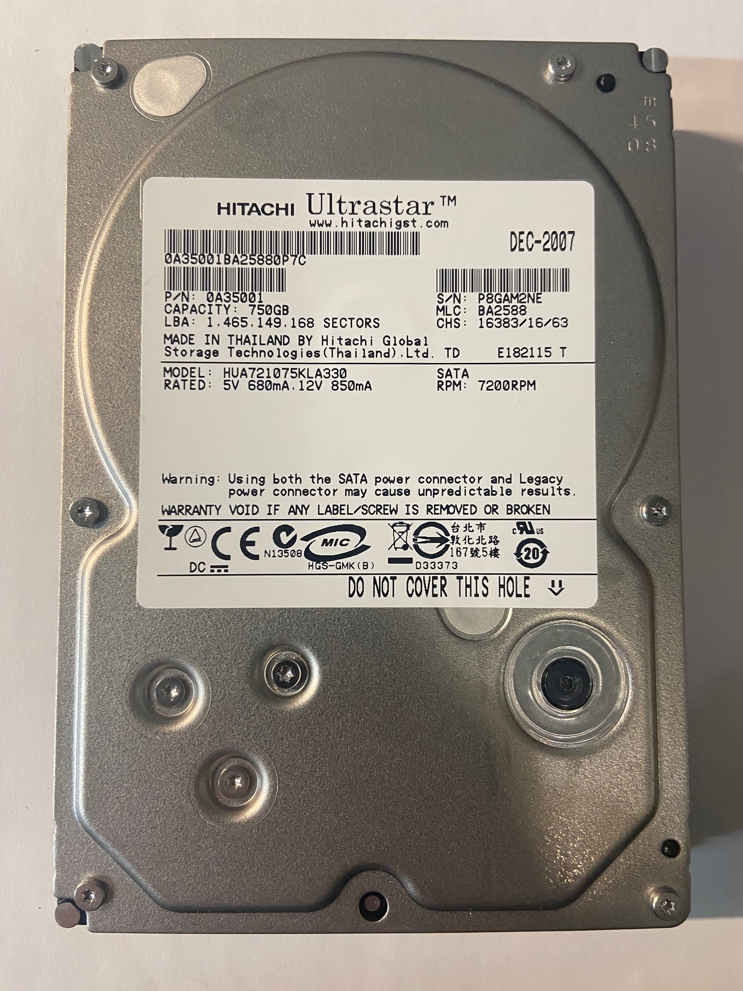 HUA721075KLA330 - Hitachi 750GB 7200 RPM SATA 3.5" HDD 0 Power on hours 1 year warranty HUA721075KLA330 - Hitachi 750GB 7200 RPM SATA 3.5" HDD 0 Power on hours 1 year warranty